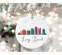 Céramique À Suspendre Graphique Coloré des Points De Repère De La Ville De Long Beach Ornement en Céramique Esthétique Boule De Noëls Vintage Décoration d'arbre De Noël pour Fête Enfant 7.3CM