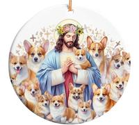 Céramique À Suspendre Jésus Serre dans Ses Bras Un Chien Corgi Céramique Ornements De Noël, Décoration Arbre De Noël Pendentif avec Ficelle