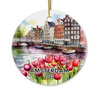 Céramique Ornements De Noël, Scène du Canal De Hollande Céramique À Suspendre Décoration De Noël avec Ficelle 7.3Cm
