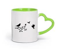 céramique Tasse à café un beau design de silhouettes d'oiseaux perchés et volant sur une branche （11oz/320ml） Excellent cadeau pour les amoureux Vert