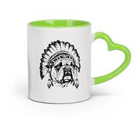 céramique Tasse en céramique un bouledogue portant une coiffe de chef indien dans un dessin au trait dessiné à la main parfait （11oz/320ml） Café ou cadeau Vert