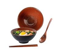 Ceraozmus Ramen Bol en céramique - 1200 ml - 20 cm - Avec cuillère et baguettes pour ramen soup pho udon noodles asiatiques, grand bol à noodle (vernis marron)