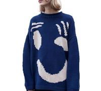 CERAVI Pulls en Tricot Happy Sunday Feel Good, Pull Ample coloré à col Rond pour Femme, Pulls décontractés et Confortables pour Couple (Navy Blue,XL)