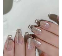 Cercin Pressant Sur Les Ongles En Verre Faux Bâton Chats Œil Acrylique Faux Gel Polies Colues 24pcs Bâton Sur Clou