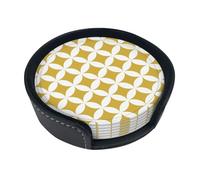 Cercles géométriques Classiques en Moutarde et Blanc,Lot de 6 Dessous de Verre Ronds en Cuir synthétique avec Support pour la Maison, Le Bureau et la Cuisine