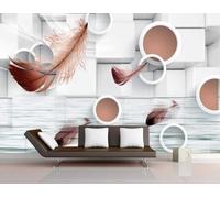 Cercles Géométriques En Trois Dimensions Reflets De Plumes Papier Peint 3D Installation Facile Intissé Tapisserie Bureau Salon Canapé Chambre Décoration Murale-250cm×170cm