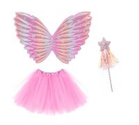 CERCTLA Ensemble de 3 Pièces Deguisement Fee, Fille Papillon Costume de Fée, Ailes Papillon, Baguette Magique, Jupe Tutu, Accessoires pour Noël Carnaval Cosplay Party Fête(Rose)