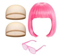 CERCTLA Perruque Partyrama, Perruque Coupe au Carré Classique avec Lunettes de Soleil en Forme de Cœur et Bonnet, Bob Perruques Rose pour Femmes pour Le Carnaval et Motto Party