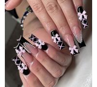 Cercueil Long brillant sophistiqué, à pression avec des nœuds, faux ongles, décorations de manucure pour fête, Art de la mode