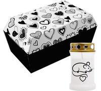 Cercueil pour animaux taille "S" avec bougie funéraire - Design : coeurs, bougie : souris