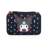 CERDÁ LIFE'S LITTLE MOMENTS Trousse 3 fermetures éclair Kuromi Cerdà | Licence officielle Sanrio | 3 compartiments | école primaire et secondaire | Noir imprimé punk kawaii avec patch caoutchouté et
