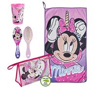 CERDÁ LIFE'S LITTLE MOMENTS - Trousse de Toilette pour Enfants Transparente Minnie Mouse Composé [ Verre en Plastique + Brosse à Cheveux Serviette Microfibre ] | Licence Officielle Disney Rose