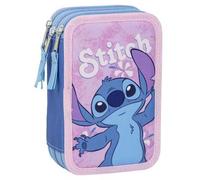 ARTESANÍA CERDÁ Trousse scolaire Stitch Rose - Fermeture éclair, 3 compartiments, avec accessoires