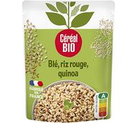Céréal Bio Blé Riz Rouge Quinoa Végétalien - Trio de Céréales Bio au Naturel, Source de Fibres, Sans Additifs - Accompagnement Bio Micro-Ondable, Prêt à Réchauffer - 250g