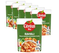 CÉRÉAL BIO - Raviolis Bio au Tofu - Sauce Tomate & Basilic - Plat Cuisiné Individuel Prêt en 2 min - Source de Protéines - Nutriscore A - Saveurs Méditerranéennes - Lot de 6 sachets (6 x 220g)