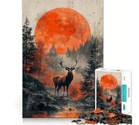 Cerf dans la forêt avec Lune Rouge Puzzle de 1000 pièces pour Adultes Jeu de réflexion Amusant et décontracté Découpe de précision Cadeau Artistique 38x26cm