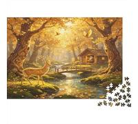 Cerf de Forêt Puzzle 1000 Pièces Papier pour Adultes Chalet sous Le Soleil dAutomne Jeu de Puzzle 1000 Pièces Décor Maison Cadeau 70x50cm/1000pcs