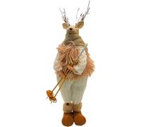 Cerf décoratif XL, Renne décoratif, Chevreuil avec Bois, Figurine de Renne, cerf en Textile Debout avec bâtons de Ski, écharpe et Chaussures d'hiver en Blanc/Marron - Dimensions d'une Sculpture de