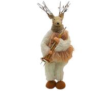 Cerf décoratif XL, Renne décoratif, Chevreuil avec Bois, Figurine de Renne, cerf en Textile Debout avec bâtons de Ski, écharpe et Chaussures d'hiver en Blanc/Marron ; Dimensions d'une Sculpture de