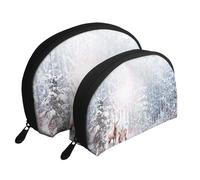 Cerf en Hiver, Trousse de Maquillage Coquille Femme Petit Porte-Monnaie Trousse de Toilette Trousse à cosmétiques 2 pièces