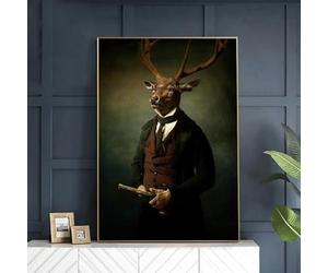 Cerf général dans la forêt brumeuse peinture sur toile sur affiche d'art mural et impressions animal en costume image drôle pour la décoration de la chambre 70x108 cm (28x43in) cadre intérieur