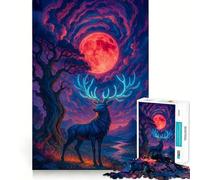 Cerf Mystique sous Une Lune Rouge Puzzle de 1000 pièces pour Adultes Jeu de réflexion et de Concentration Amusant et Silencieux Bords serrés Cadeau de Noël (38x26cm)