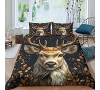 Cerf Portrait Housse de Couette Microfibre 3 pièces Imprimé en 3D Hypoallergique Golden Floral Art Style Parure de Lit avec Fermeture Éclair Ultra Douce for Les Enfants Single（140x200cm）