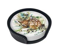 Cerf Sauvage à l'aquarelle,Lot de 6 Dessous de Verre Ronds en Cuir synthétique avec Support pour la Maison, Le Bureau et la Cuisine