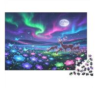 Cerf sous Aurore Puzzle 1000 Pièces Papier Champ de Fleurs Nocturne Relaxation Concentration Jeu en Famille Décoration Cadeau 52x38cm/1000pcs