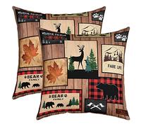 Cerf Taies d'oreiller 60x60cm Doux pour Enfants Ours Décoratif Lot De 2 Housses de Coussin Chambre Décoratif Bohèmes Wild Animaux Taie Oreiller Village Cabin Pays Rouge Housse Coussins