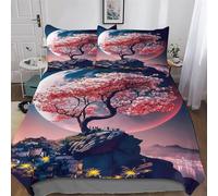 Cerisier Japon Art Parure De Lit 3 Pièces avec Housse De Couette Et Taie d'oreiller, Microfibre Douce, Impression Numérique 3D Housse Coutte pour Enfants Adultes Double (200x200cm)