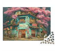 Cerisiers en Fleurs Bâtiment Traditionnel Puzzle 1000 Pièces Papier pour Adultes Puzzle en Famille Décoration Détente Cadeau 38x26cm/1000pcs