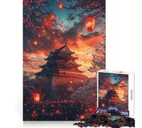 Cerisiers en Fleurs et lanternes au Coucher du Soleil Puzzle de 1000 pièces pour Adolescents Stratégie,réflexion Facile,détente,Ajustement précis Cadeau Festif (38x26cm)