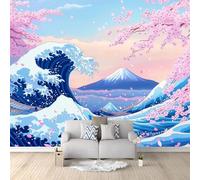 Cerisiers vagues montagnes japon Papier Peints Panoramique 250 x 175 CM (L x H) Poster Mural Intissé 3D Muraux Pour Salon Chambre D'Enfant Décoration, Anime