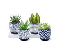 Cerkik Pots de Fleurs Succulents en céramique Petit Pot de Fleurs de 3,5 Pouces avec soucoupes pour Plantes d'intérieur, Cactus, décoration intérieure, Ensemble de 4, Bleu Vintage