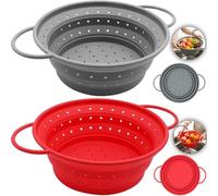 Cerkkapo Lot de 2 passoires pliables en silicone - 33,5 cm - Grande passoire à pâtes - Avec double poignée - Passe au lave-vaisselle - Pour égoutter les pâtes, les fruits, les légumes (rouge + gris)