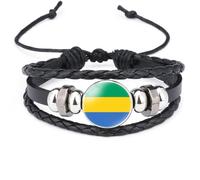 Cernomal Bracelet Drapeau du Gabon - Pays Africains Multicouches en Cuir Tressé Réglable, Bracelet Tendance, Cadeau De Bijoux pour Femmes Et Hommes, Accessoires Patriotiques, Noir, Lon