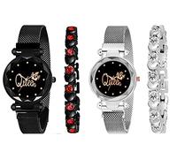 CERO Queen Dial Lot de 4 montres analogiques avec bracelet magnétique pour femme et fille, Noir, Sangle