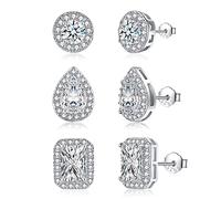 CERSLIMO Silver Stud Earrings for Women Girls, Round Faux Diamond Halo Earrings | Rectangle Teardrop Cubic Zircon Stud Earrings Set - Dainty Bridal Earrings Jewelry for Bridesmaids Wedding dding