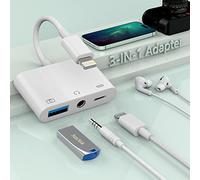 Certifié Apple MFi : casque 3 en 1 Lightning vers prise jack 3,5 mm + chargeur + adaptateur d'appareil photo, adaptateur USB vers iPhone OTG audio auxiliaire pour connecter une clé USB, un lecteur de cartes, une souris, un clavier, des écouteurs pour iPhone 14, 13, 12, 11