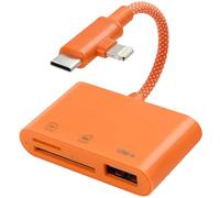 [Certifié Apple MFi ] Lecteur de carte SD en nylon tressé Apple pour iPhone iPad, adaptateur de carte USB 3.0 de type C SD/TF avec double ports Lightning et USB-C, SD MicroSD USB-A (Orange)