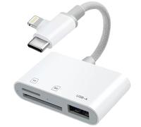 [Certifié Apple MFi ] Lecteur de carte SD en nylon tressé Apple pour iPhone iPad Adaptateur de carte USB 3.0 de type C SD/TF avec double ports Lightning et USB-C SD MicroSD USB-A (blanc)