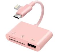 [Certifié Apple MFi ] Lecteur de carte SD en nylon tressé Apple pour iPhone iPad Adaptateur de carte USB 3.0 de type C SD/TF avec double ports Lightning et USB-C SD MicroSD USB-A (Rose)