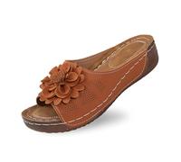 Ces élégantes Chaussures compensées à Bout Ouvert pour Femmes, avec Dessus en Cuir et Chaussons Fleuris, sont des Chaussures Confortables et Pleines de tempérament. à Porter au Quotidien