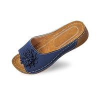 Ces élégantes Chaussures compensées à Bout Ouvert pour Femmes, avec Dessus en Cuir et Chaussons Fleuris, sont des Chaussures Confortables et Pleines de tempérament. (Navy, 38) #171