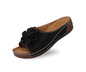 Ces élégantes Sandales compensées Femme avec Dessus Cuir et Motifs Floraux Confortables pour Quotidien Vacances Plage ou Parfaites pour Robes Jeans ou Pantalons décontractés Semelle (Black, 43)