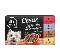 Cesar Les Recettes de Campagne 6 x 4 x 150 g Bœuf, Agneau, Dinde et Morceaux de Bœuf, Volaille en Sauce (Pack de 24)