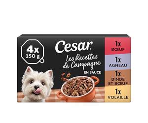 Cesar Les Recettes de Campagne 6 x 4 x 150 g Bœuf, Agneau, Dinde et Morceaux de Bœuf, Volaille en Sauce (Pack de 24)