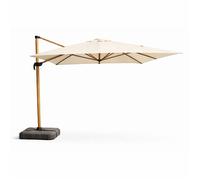 Cesare - Parasol Rectangulaire 3x4m Déporté Rotatif Écru Pied Effet Bois En Aluminium