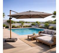 Cesare parasol rectangulaire 3x4m déporté rotatif gris pied effet bois en alumin